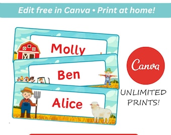 Puede incluir: Etiquetas con temática de granja con los nombres Molly, Ben y Alice. Cada etiqueta presenta una escena de granja diferente, que incluye un granero rojo, un espantapájaros y una oveja. Las etiquetas están diseñadas para editarse en Canva e imprimirse en casa.