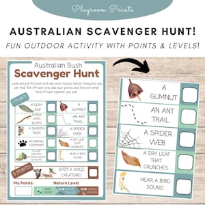 May include: An Australian Bush Scavenger Hunt game with points and levels. The game includes a checklist with items like a gum leaf, spider web, and animal footprint. The text "Playroom Prints" is at the top.