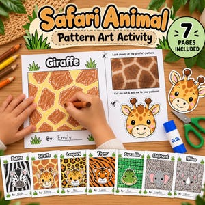 May include: A Safari Animal Pattern Art Activity set featuring 7 pages of printable worksheets. The activity includes colouring giraffe patterns, cutting out cartoon animal heads, and gluing them onto sheets for zebra, giraffe, leopard, tiger, crocodile, elephant, and rhino.