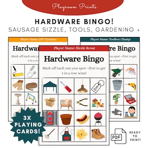 May include: A printable "Hardware Bingo" game with three playing cards. Each card features a grid of illustrated hardware items, tools, and gardening supplies. The game includes the text "Hardware Bingo!" and "Ready to Print!"