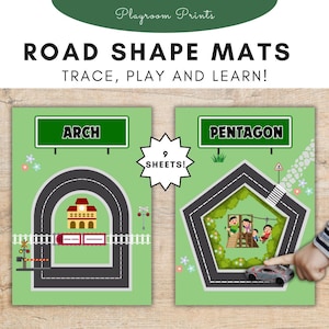 May include: Two printable road shape mats for kids. The mats feature an arch and a pentagon shape. The text "9 SHEETS!" is in a speech bubble. The mats are green with black roads and colorful illustrations.