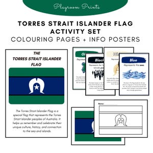May include: A Torres Strait Islander Flag activity set with coloring pages and info posters. The set includes the flag, which is green, blue, and white, with a white star and a traditional headdress symbol. The set also includes information about the flag.