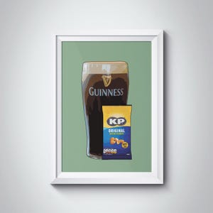 May include: A green background with a glass of Guinness beer and a bag of KP Original Salted Peanuts. The bag is blue and yellow with the KP logo and the words "Original Salted Peanuts".