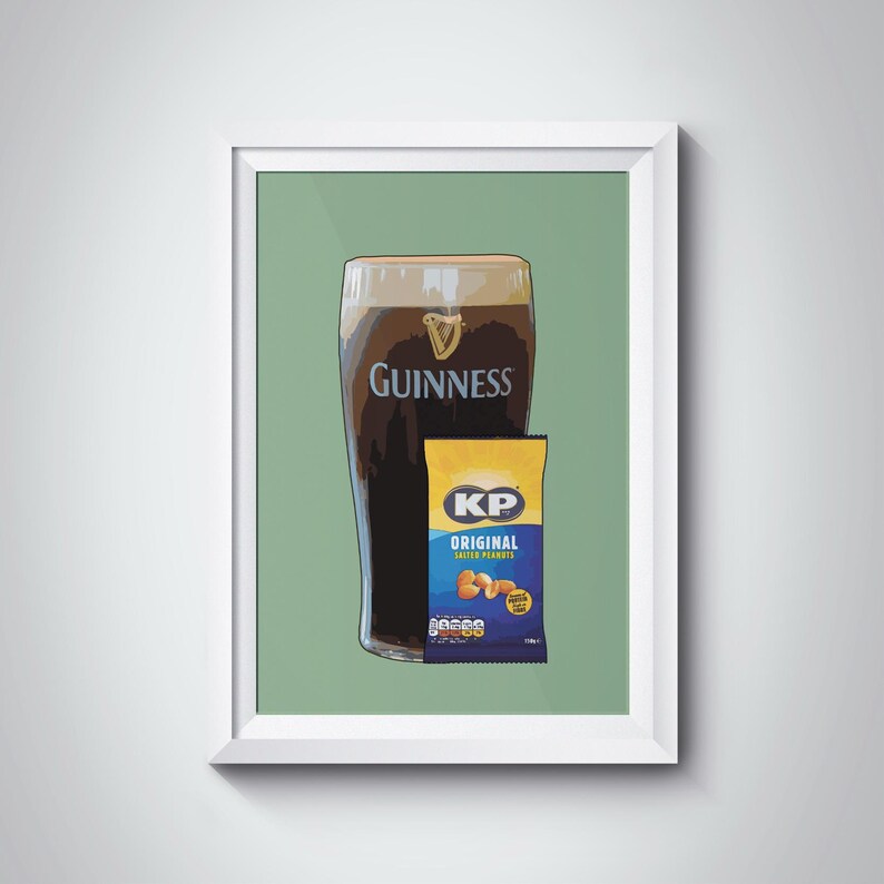 May include: A green background with a glass of Guinness beer and a bag of KP Original Salted Peanuts. The bag is blue and yellow with the KP logo and the words "Original Salted Peanuts".