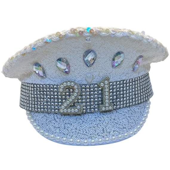 21st Birthday Captain Hat 21 Twenty One Sequin Party Hat with Rhinestone Numbers 21st Birthday Captain Hat, 21 Pearl & Rhinestone Appliqué  main image 2