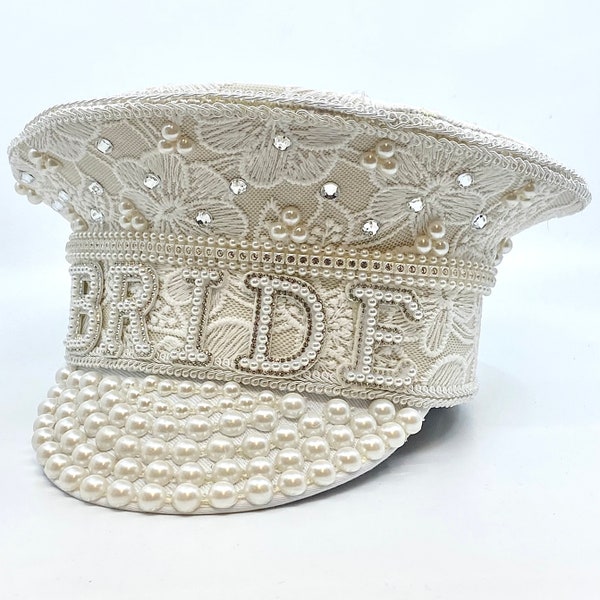 Bride to Be Captains Hat Lace and Pearl Wedding Hen Party Bridal Hat