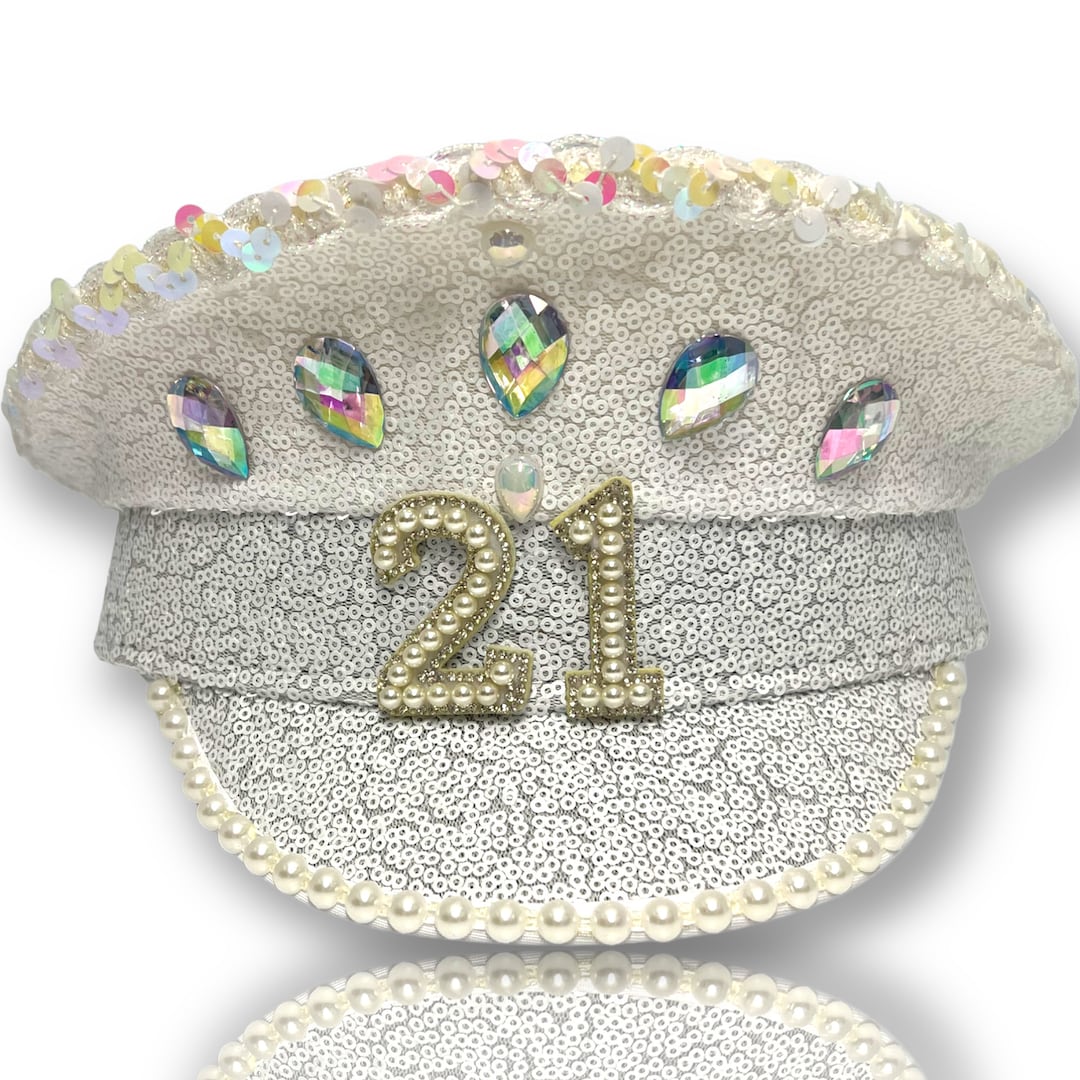 21st Birthday Captain Hat 21 Twenty One Sequin Party Hat with Rhinestone Numbers 21st Birthday Captain Hat, 21 Pearl & Rhinestone Appliqué  main image 3