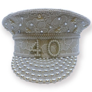 Personalised Birthday Lace & Pearl Party Festival Hat Stunning Embellished girl Military Captain Sergeant 18 20 21 30 40 50