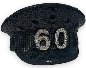 60th Birthday Sequin Captain Hat 60 Sixty Sixtieth Birthday Black Rhinestone Party Costume