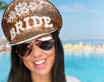 Rose Gold Bride to Be Captains Hat festival wedding Sequin and Diamante Rhinestones Mega Bling Design