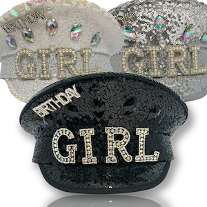 Birthday Girl captains hat black sequin diamanté Celebration party hat white or Silver Birthday Girl gift ideas