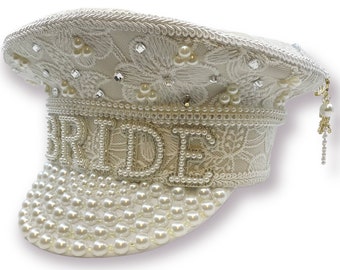 Bride to Be Captains Hat Lace and Pearl Wedding Hen Party Bridal Hat with Queen Paris Brooch
