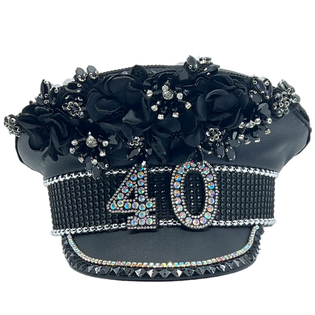 40th Birthday Flowers Captain Hat Black Sequin Party Cap 40 Forty Women ...