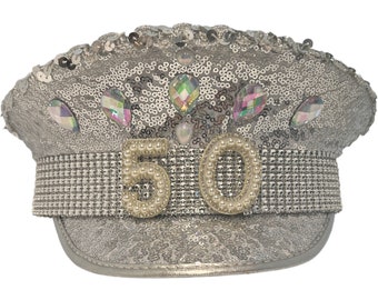 50th birthday captains Silver hat for fiftieth 50 celebration party night sequin hat 50th Birthday Gift Ideas