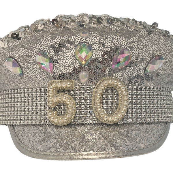 50th birthday captains Silver hat for fiftieth 50 celebration party night sequin hat 50th Birthday Gift Ideas