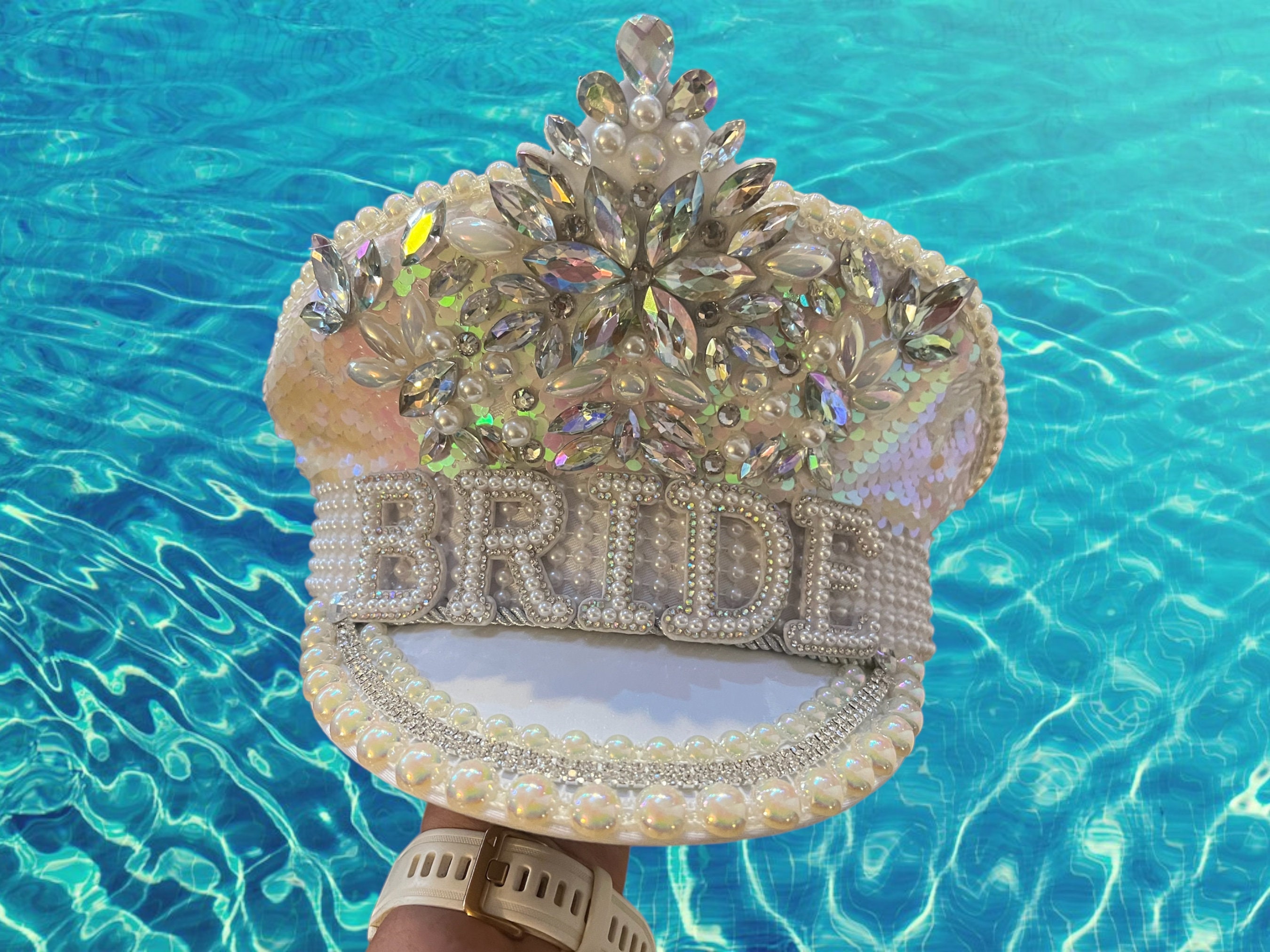 BRIDE TO BE,Deluxe, Luxury Rhinestones with Luxury Detachable Veil, Military HAT DERBUT 2023 Women Luxury Rhinestone Captain Bride Hat for  main image 3