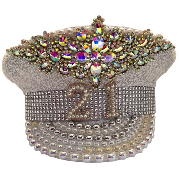 21st Birthday Captain Hat, 21 Pearl & Rhinestone Appliqué 