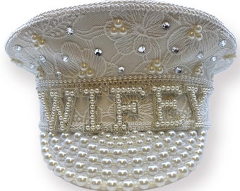 Wifey Bride to Be Captains Hat Lace and Pearl Wedding Hen Party Bridal Hat