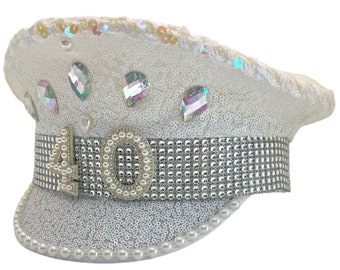 40th Birthday Captain Hat: fourty Sequin Party prop military cap, Rhinestones and Pearl numbers, Pearl beads, fortieth gift ideas for women