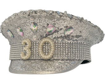 30th Birthday Captain Hat: Silver Sequin material, Party military cap, Thirty rhinestone appliqué numbers, Thirtith birthday girl gift ideas