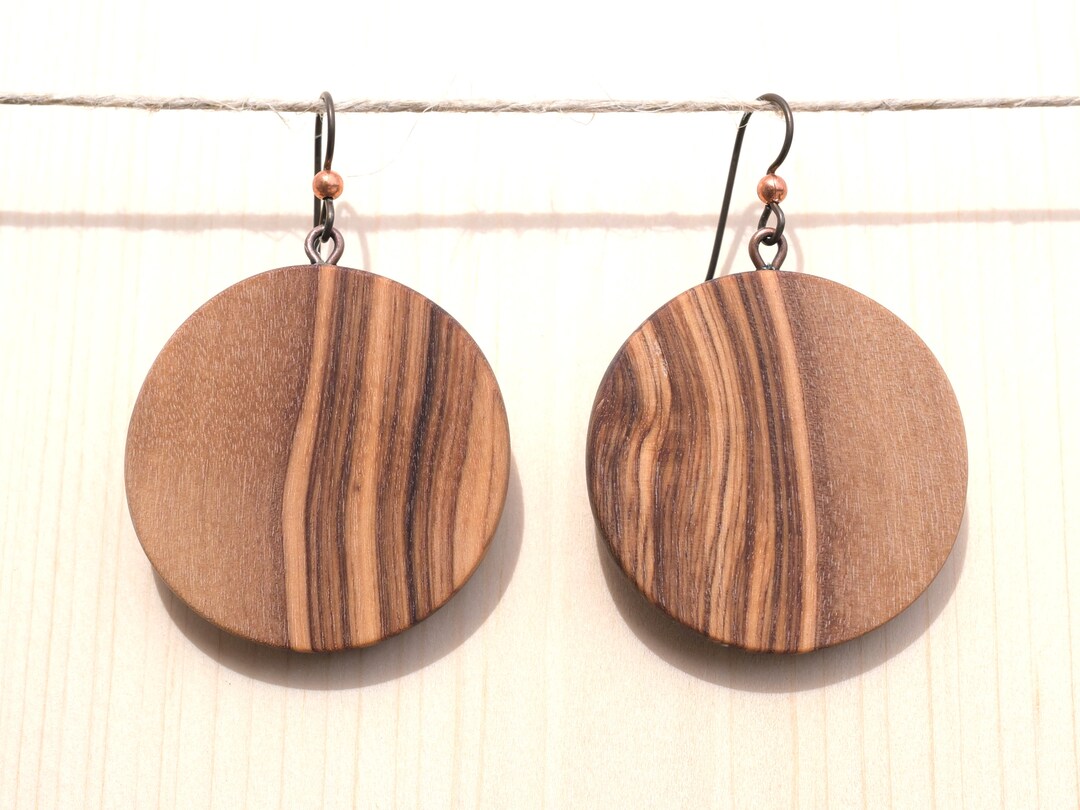 Olive Wood Earrings Drop Dangle Disc Shape Natural Unique Etsy