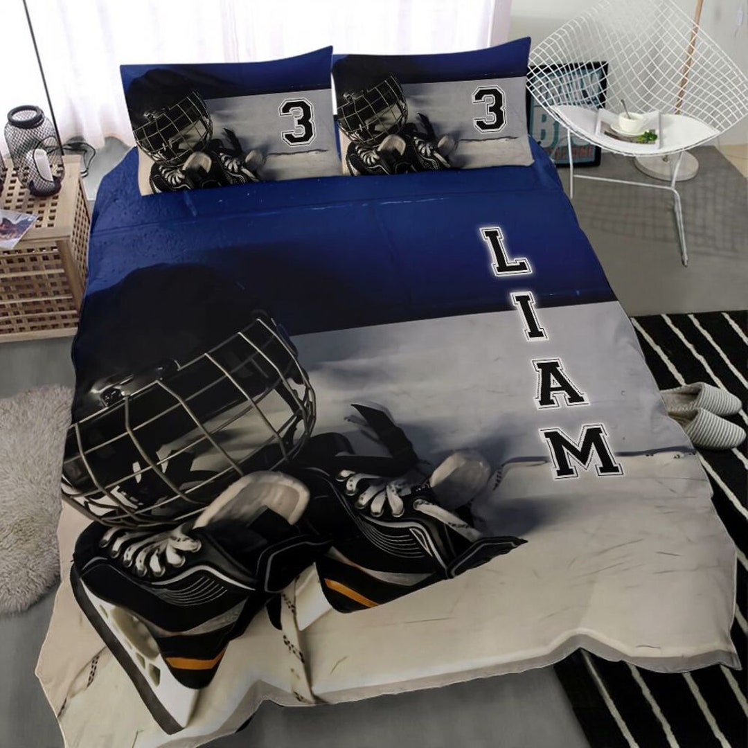 Personalized Name and Number Ice Hockey Bedding Set for Boys, Custom