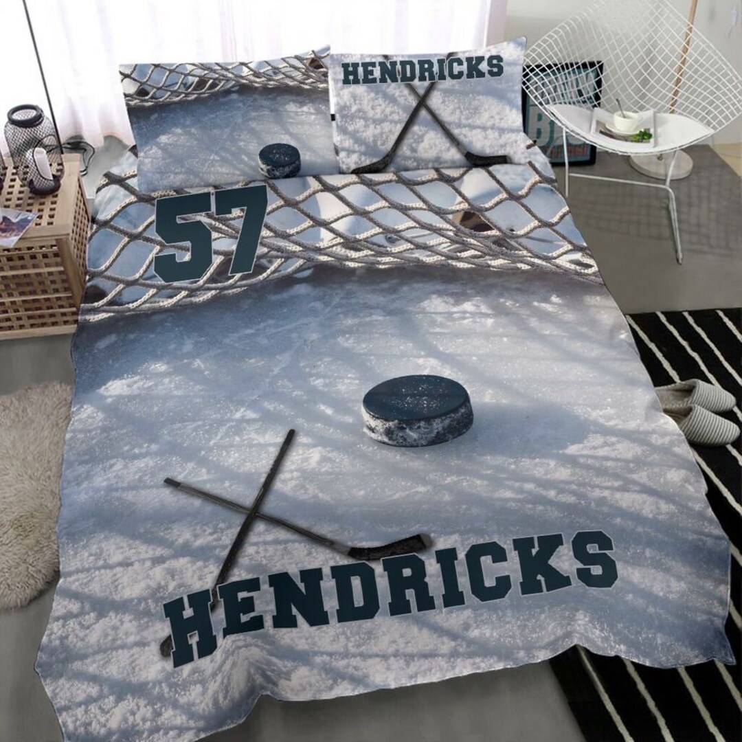 Personalized Name and Number Ice Hockey Bedding Set for Boys, Custom