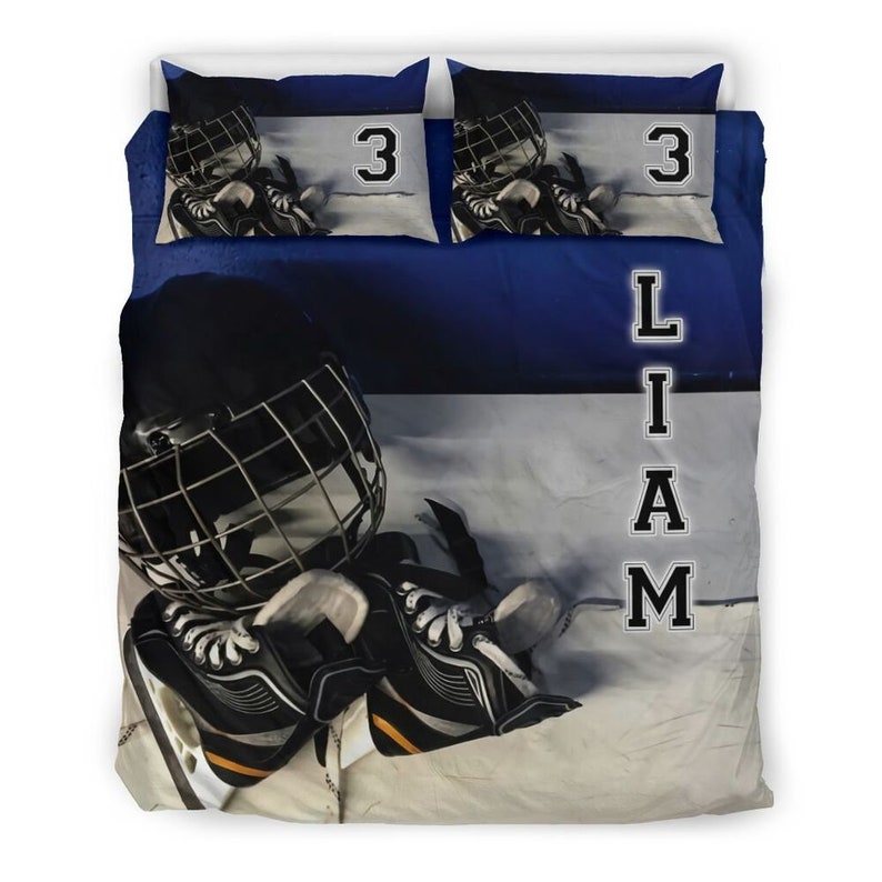 Personalized Name and Number Ice Hockey Bedding Set for Boys, Custom
