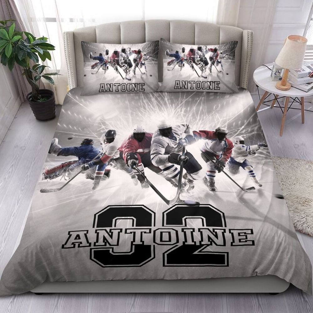 Personalized Name and Number Ice Hockey Team Bedding Set for Boys, Custom Bed Set for Hockey