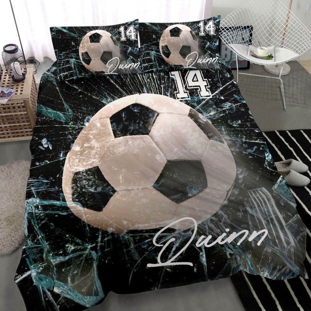 Personalized Name and Number Soccer Bedding Set for Boys, Custom Bed