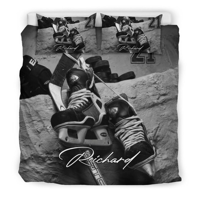 Personalized Name and Number Ice Hockey Bedding Set for Boys, Custom