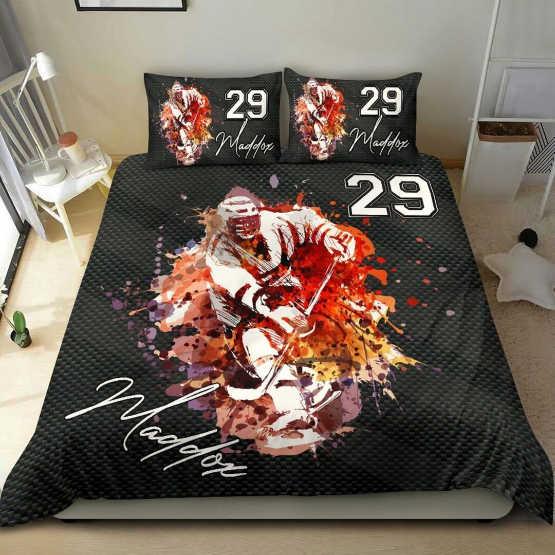 Personalized Name and Number Ice Hockey Bedding Set for Boys, Custom
