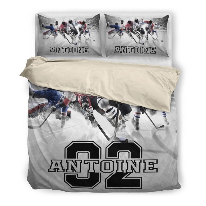 Personalized Name and Number Ice Hockey Team Bedding Set for Boys, Custom Bed Set for Hockey