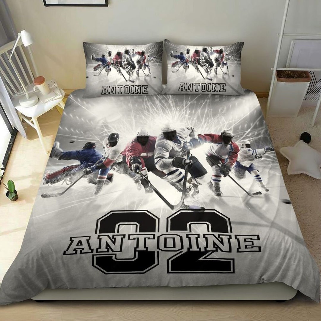 Personalized Name and Number Ice Hockey Team Bedding Set for Boys