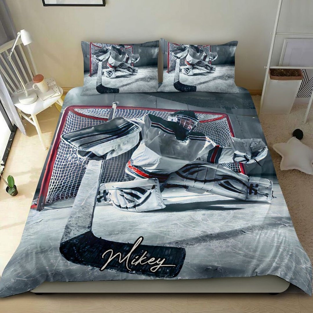 Personalized Name and Number Ice Hockey Goalie Bedding Set for Boys