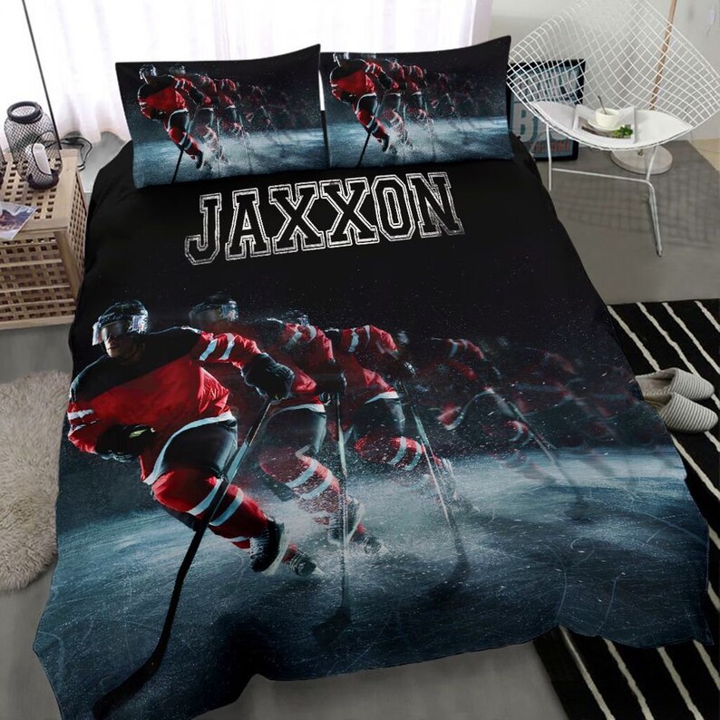 Personalized Name and Number Ice Hockey Bedding Set for Boys, Custom Bed Set for Hockey Player