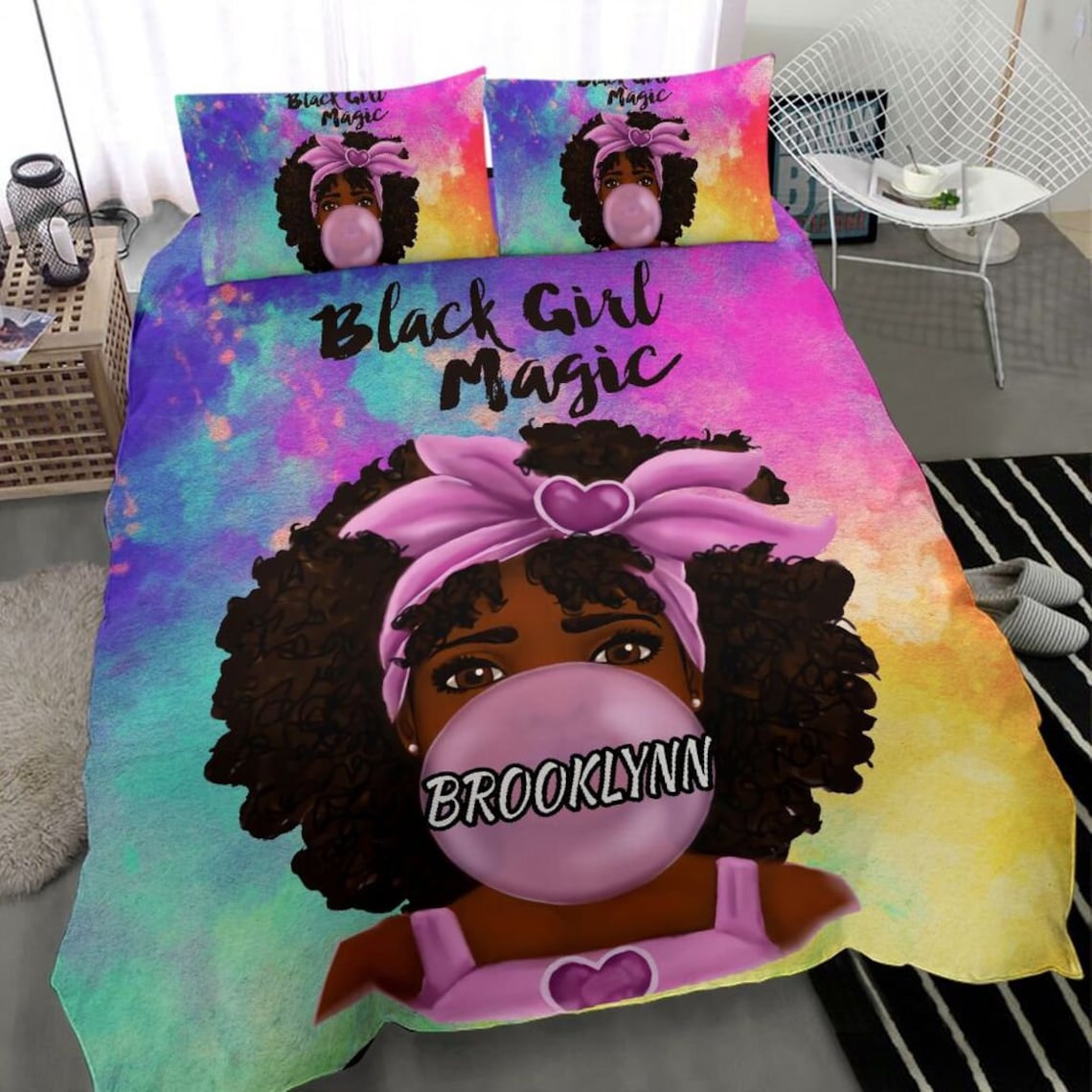 Personalized Name African American Black Girl Bedding Set for Girls, Custom Bed Set for Teen ...