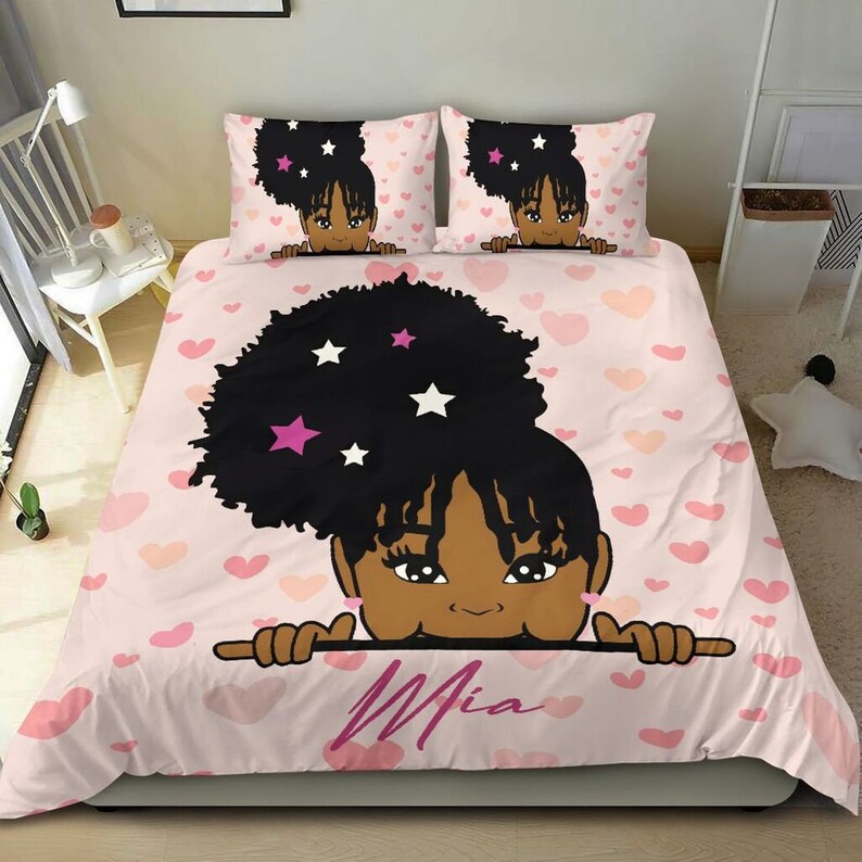 Personalized Name African American Black Girl Bedding Set for Girls