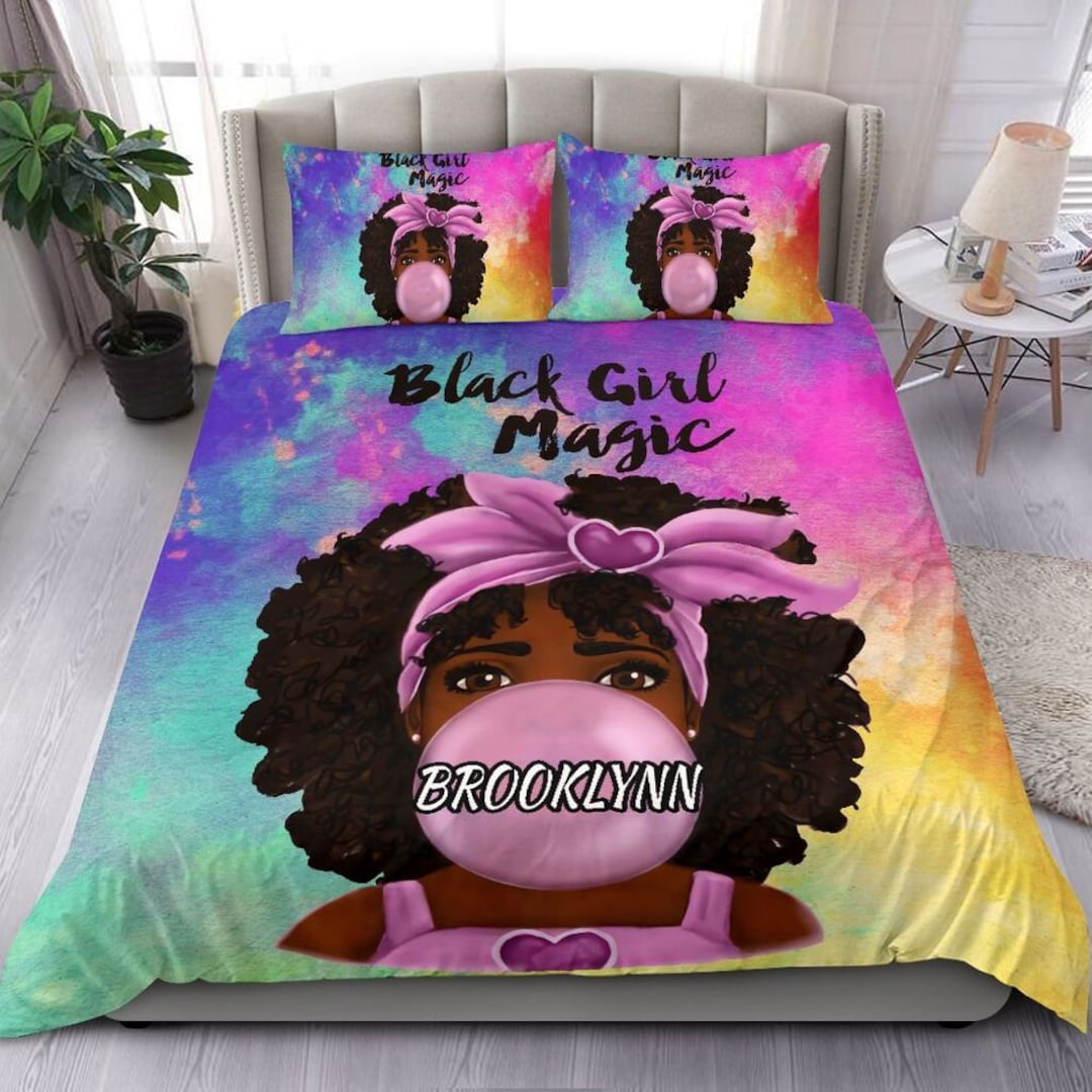 Personalized Name African American Black Girl Bedding Set for Girls