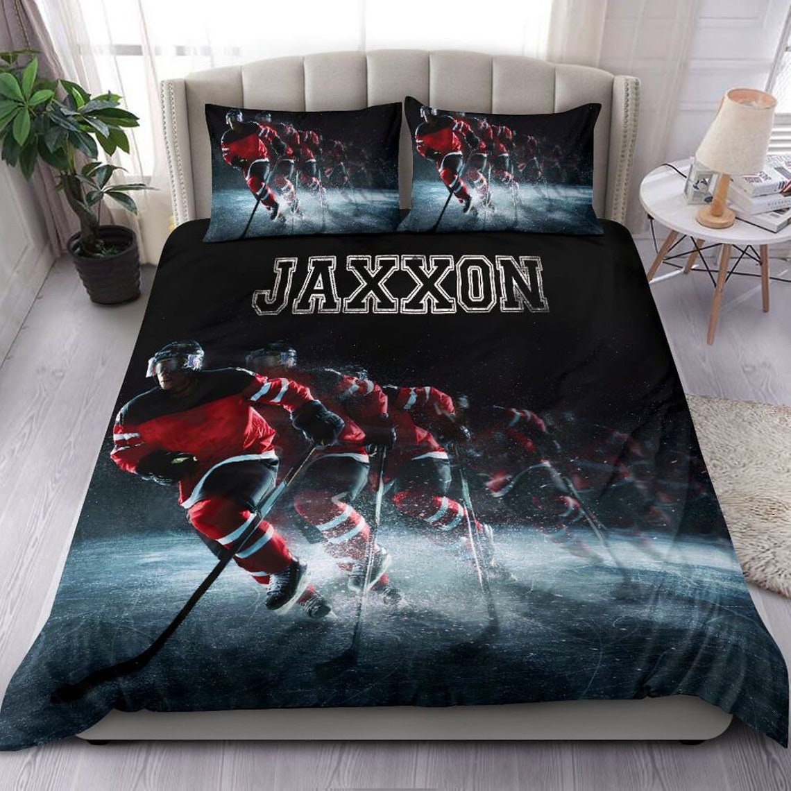Personalized Name and Number Ice Hockey Bedding Set for Boys, Custom