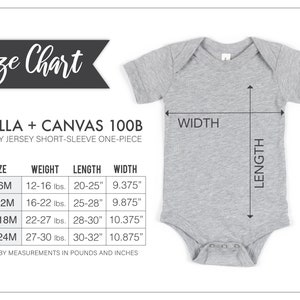 May include: Size chart for Bella + Canvas 100B baby jersey short-sleeve one-piece. The chart shows sizes from 3-6 months to 18-24 months, with corresponding weight, length, and width measurements in pounds and inches.