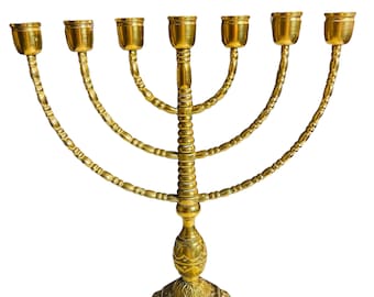 Brass Menorah, Jewish Candlestick, Seven Branch Candlestick, Golden Candle Holder for Seven Candles