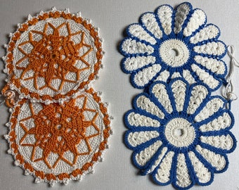 Feine handgehäkelte schwedische Topflappen unter Option orange oder blau wählen