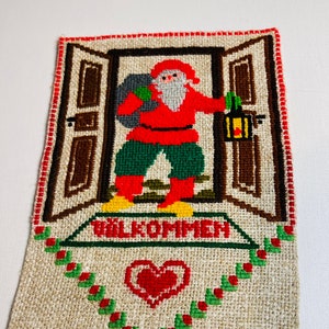 Very nice hand-embroidered Santa Claus wall hanging/ Välkommen = Welcome