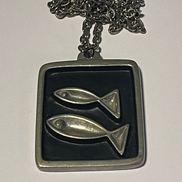 Roland Landerholm pendant necklace, pewter, with 2 fish, 1960s vintage