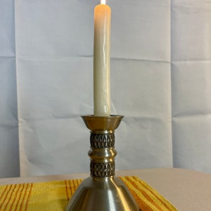 Beautiful pewter candlestick holder with Norwegian motif, handmade folk art, Norwegian tin