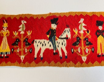 Very nice older vintage hand woven tapestry in Flemish technique. Woven in folk lore / folk art  style on a red background