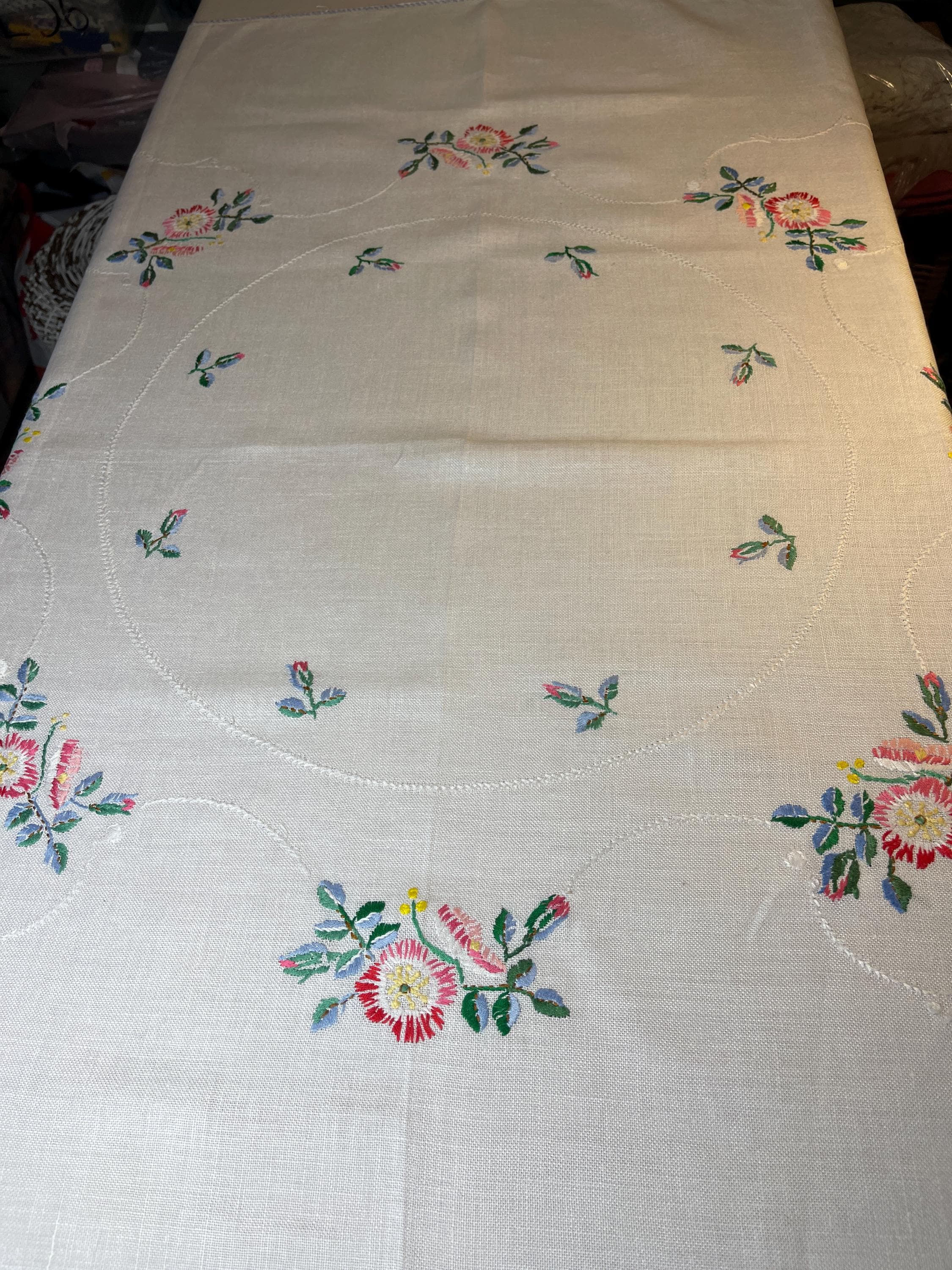 A Super Nice Vintage Hand-embroidered Summer Tablecloth, From