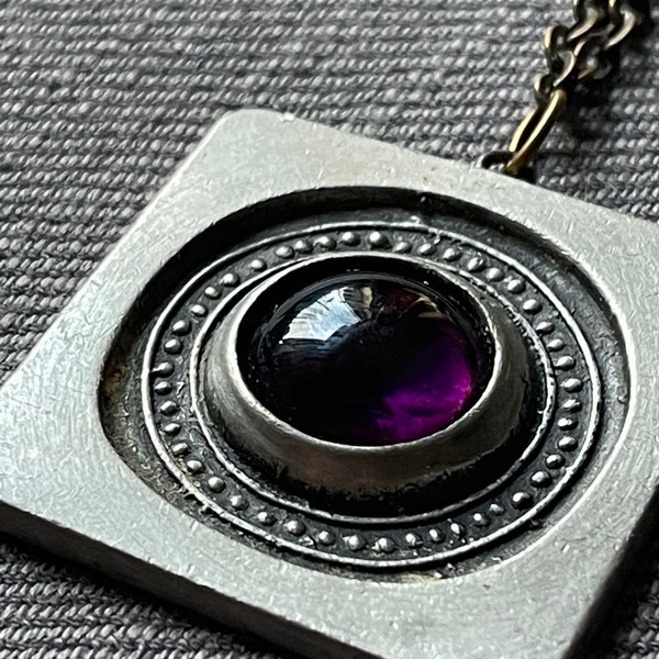 1970s vintage modernist R TENN / Rune Tennesmed with pewter & cabochon purple pendant with necklace / chain. From Sweden