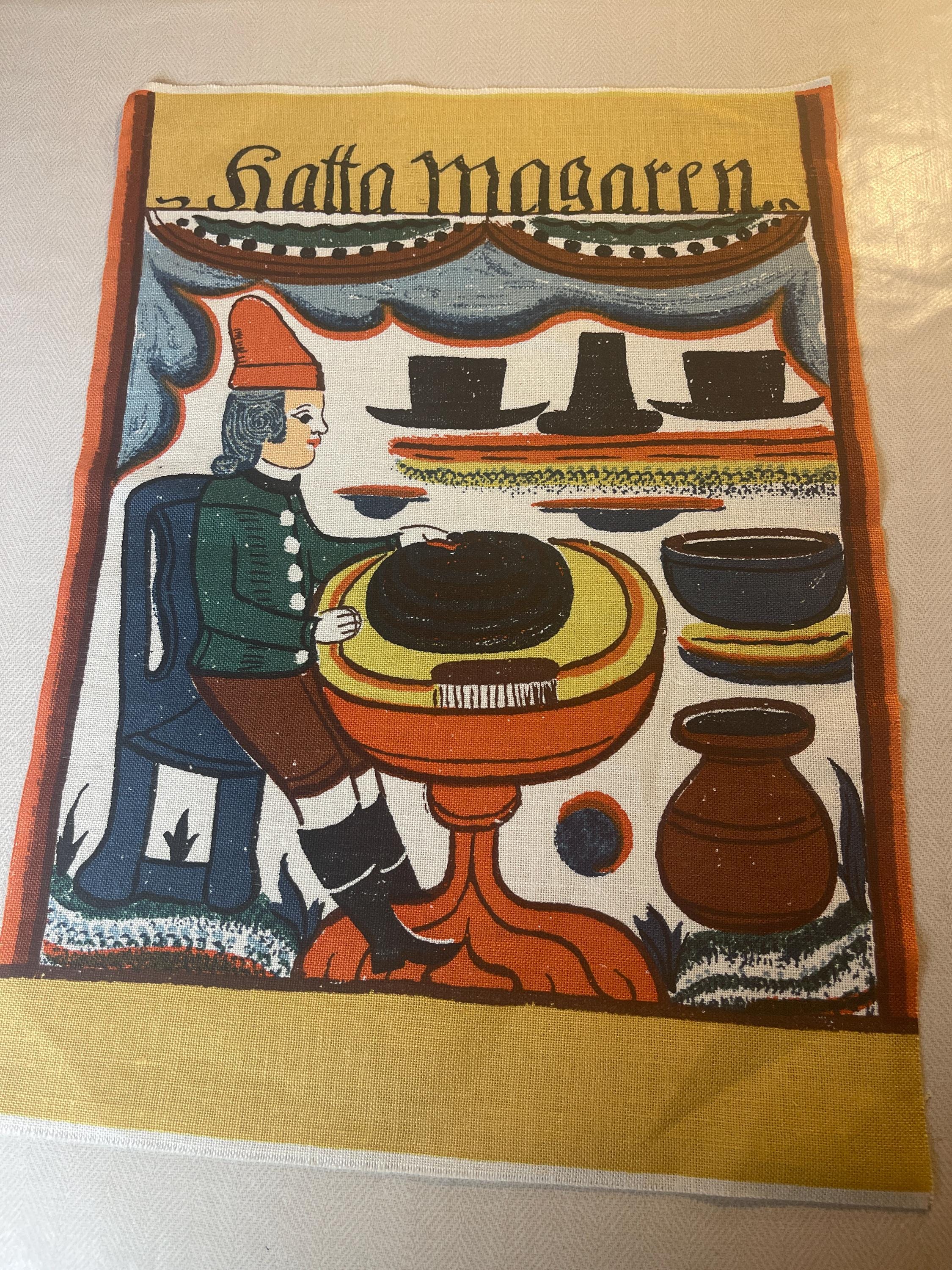 A Fantastic Hand Printed Textile With Swedish Text: Hatta Magaren